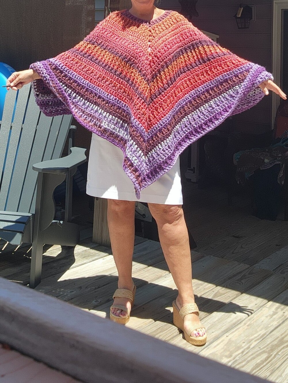 Hand Crafted Multicolor Crochet Poncho - Purple, Pink, Orange
